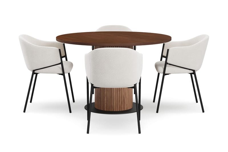 Noira Runt Litet Matbord Massiv Valnöt 120 cm med 4 Filip Matstolar - Brun / Vit Bouclé - Möbler - Bord & matgrupp - Matgrupp