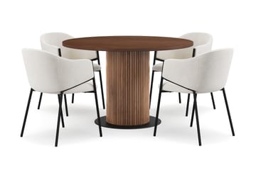 Noira Runt Litet Matbord Massiv Valnöt 120 cm med 4 Filip Matstolar - Brun / Vit Bouclé - Möbler - Bord & matgrupp - Matgrupp