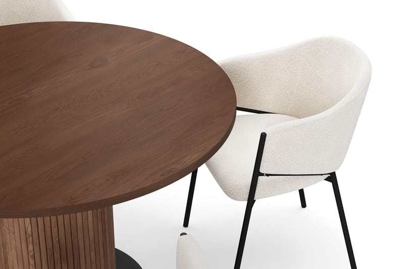 Noira Runt Litet Matbord Massiv Valnöt 120 cm med 4 Filip Matstolar - Brun / Vit Bouclé - Möbler - Bord & matgrupp - Matgrupp