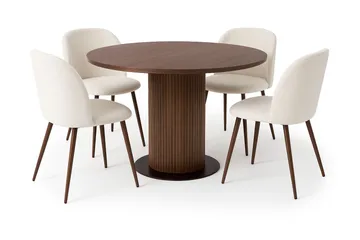Noira Runt Litet Matbord Massiv Valnöt 120 cm med 4 Greya Matstolar med armstöd - Brun / Vit Bouclé / Metallben Valnöt - Möbler - Bord & matgrupp - Matgrupp