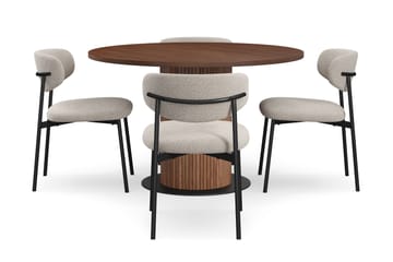 Noira Runt Litet Matbord Massiv Valnöt 120 cm med 4 Lucy Matstolar - Brun / Greige Bouclé / Metallben Svart - Möbler - Bord & matgrupp - Matgrupp