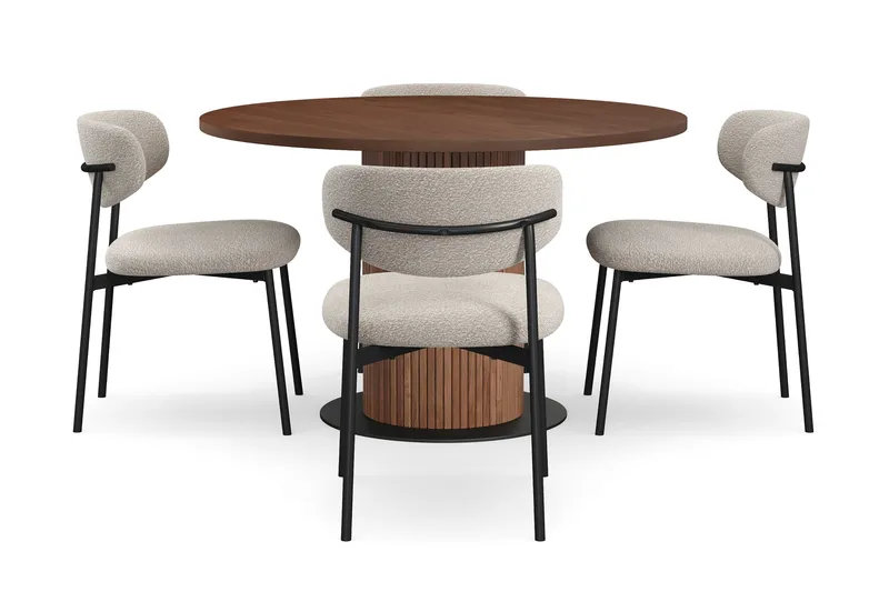 Noira Runt Litet Matbord Massiv Valnöt 120 cm med 4 Lucy Matstolar - Brun / Greige Bouclé / Metallben Svart - Möbler - Bord & matgrupp - Matgrupp