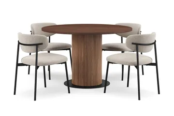 Noira Runt Litet Matbord Massiv Valnöt 120 cm med 4 Lucy Matstolar - Brun / Greige Bouclé / Metallben Svart - Möbler - Bord & matgrupp - Matgrupp