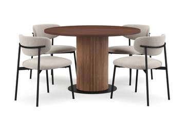 Noira Runt Litet Matbord Massiv Valnöt 120 cm med 4 Lucy Matstolar - Brun / Greige Bouclé / Metallben Svart - Möbler - Bord & matgrupp - Matgrupp
