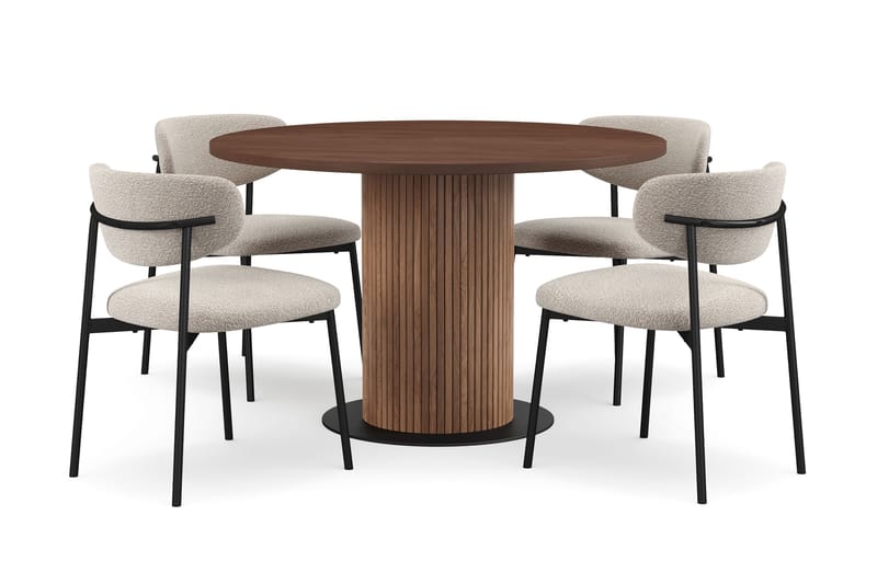 Noira Runt Litet Matbord Massiv Valnöt 120 cm med 4 Lucy Matstolar, Brun / Greige Bouclé / Metallben Svart