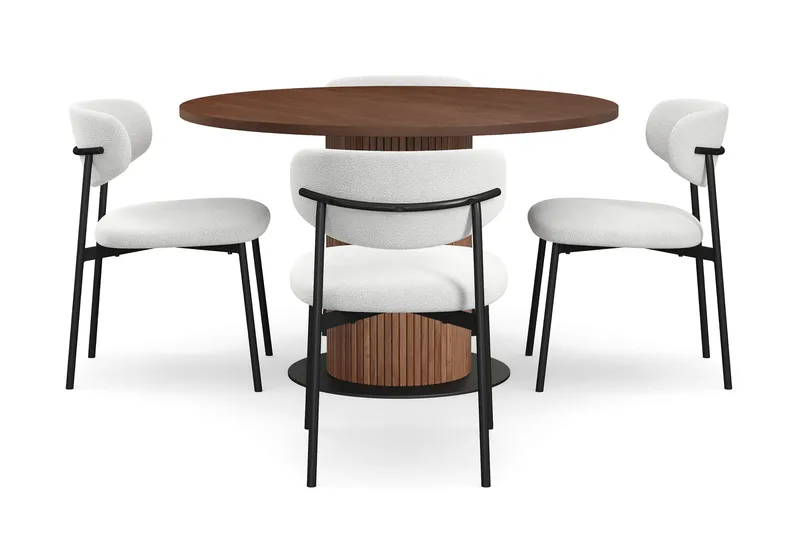Noira Runt Litet Matbord Massiv Valnöt 120 cm med 4 Lucy Matstolar - Brun / Vit Bouclé / Metallben Svart - Möbler - Bord & matgrupp - Matgrupp