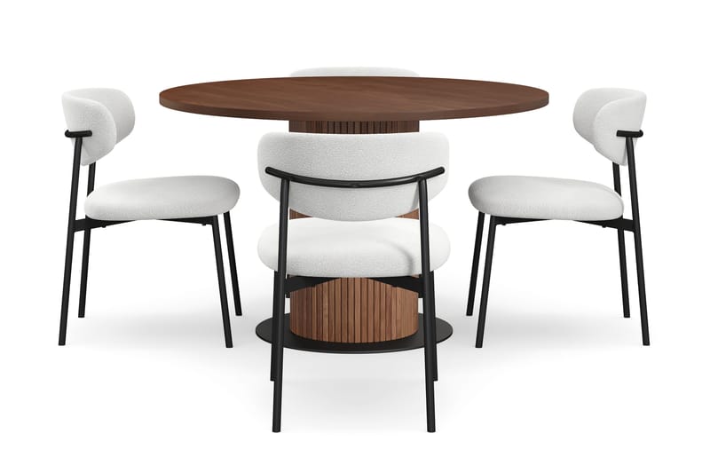 Noira Runt Litet Matbord Massiv Valnöt 120 cm med 4 Lucy Matstolar - Brun / Vit Bouclé / Metallben Svart - Möbler - Bord & matgrupp - Matgrupp