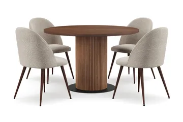 Noira Runt Litet Matbord Massiv Valnöt 120 cm med 4 Nibe Plus Matstolar - Brun / Greige Bouclé / Metallben Valnöt - Möbler - Bord & matgrupp - Matgrupp