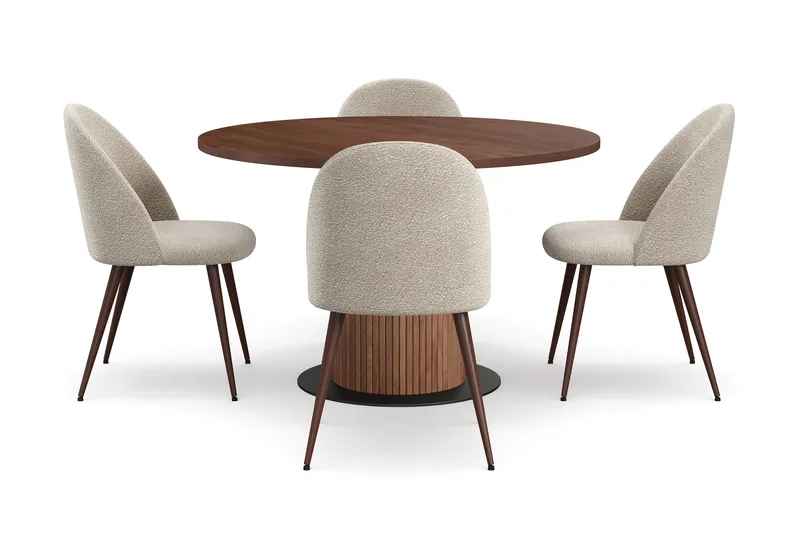 Noira Runt Litet Matbord Massiv Valnöt 120 cm med 4 Nibe Plus Matstolar - Brun / Greige Bouclé / Metallben Valnöt - Möbler - Bord & matgrupp - Matgrupp