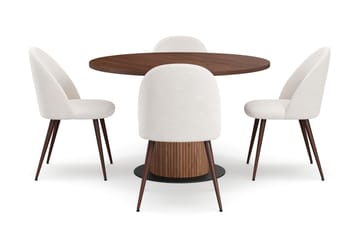 Noira Runt Litet Matbord Massiv Valnöt 120 cm med 4 Nibe Plus Matstolar - Brun / Vit Bouclé / Metallben Valnöt - Möbler - Bord & matgrupp - Matgrupp
