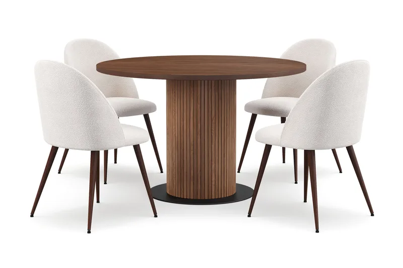Noira Runt Litet Matbord Massiv Valnöt 120 cm med 4 Nibe Plus Matstolar, Brun / Vit Bouclé / Metallben Valnöt