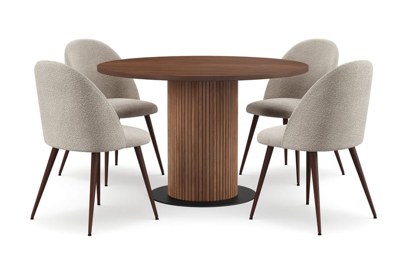Noira Runt Litet Matbord Massiv Valnöt 120 cm med 4 Nibe Plus Matstolar, Brun / Greige Bouclé / Metallben Valnöt
