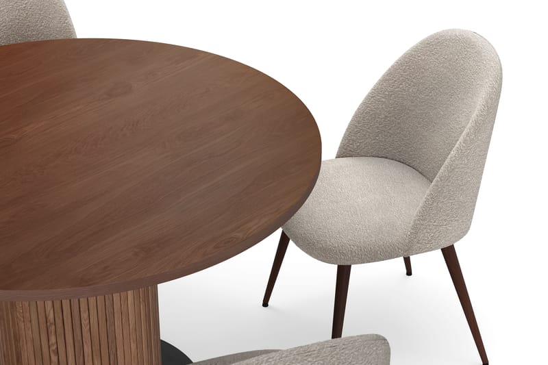 Noira Runt Litet Matbord Massiv Valnöt 120 cm med 4 Nibe Plus Matstolar - Brun / Greige Bouclé / Metallben Valnöt - Möbler - Bord & matgrupp - Matgrupp