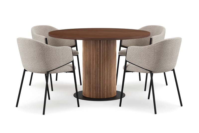 Noira Runt Litet Matbord Valnöt 120 cm med 4 Filip Matstolar, Brun / Taupe Bouclé