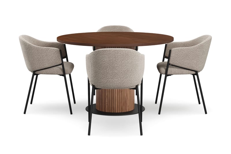 Noira Runt Litet Matbord Valnöt 120 cm med 4 Filip Matstolar - Brun / Taupe Bouclé - Möbler - Bord & matgrupp - Matgrupp