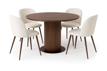 Noira Runt Litet Matbord Valnöt 120 cm med 4 Greya Matstolar med armstöd - Brun / Vit Bouclé / Metallben Valnöt - Möbler - Bord & matgrupp - Matgrupp