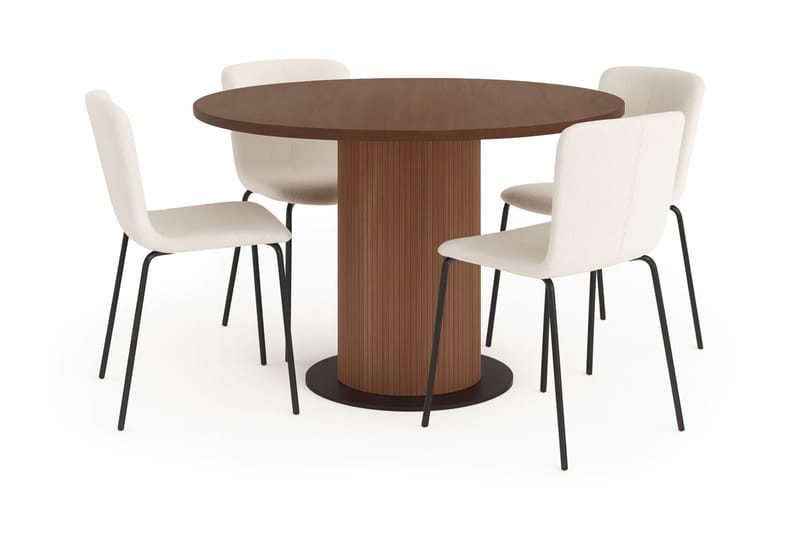 Noira Runt Litet Matbord Valnöt 120 cm med 4 Katy Matstolar, Brun / Vit Bouclé / Metallben Svart