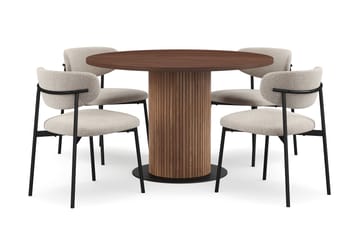 Noira Runt Litet Matbord Valnöt 120 cm med 4 Lucy Matstolar - Brun / Greige Bouclé / Metallben Svart - Möbler - Bord & matgrupp - Matgrupp