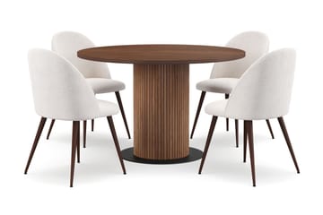 Noira Runt Litet Matbord Valnöt 120 cm med 4 Nibe Plus Matstolar - Brun / Vit Bouclé / Metallben Valnöt - Möbler - Bord & matgrupp - Matgrupp