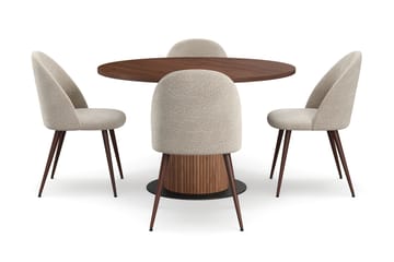 Noira Runt Litet Matbord Valnöt 120 cm med 4 Nibe Plus Matstolar - Brun / Greige Bouclé / Metallben Valnöt - Möbler - Bord & matgrupp - Matgrupp