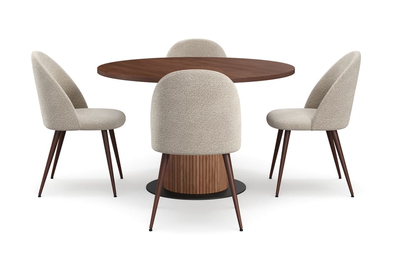 Noira Runt Litet Matbord Valnöt 120 cm med 4 Nibe Plus Matstolar - Brun / Greige Bouclé / Metallben Valnöt - Möbler - Bord & matgrupp - Matgrupp