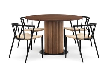 Noira Runt Litet Matbord Valnöt 120 cm med 4 Winston Matstolar - Brun / Beige / Metallben Svart - Möbler - Bord & matgrupp - Matgrupp