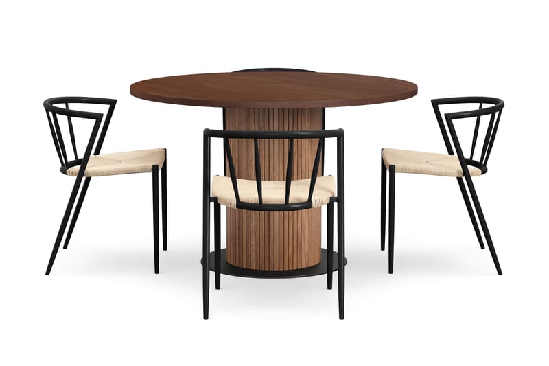 Noira Runt Litet Matbord Valnöt 120 cm med 4 Winston Matstolar - Brun / Beige / Metallben Svart - Möbler - Bord & matgrupp - Matgrupp