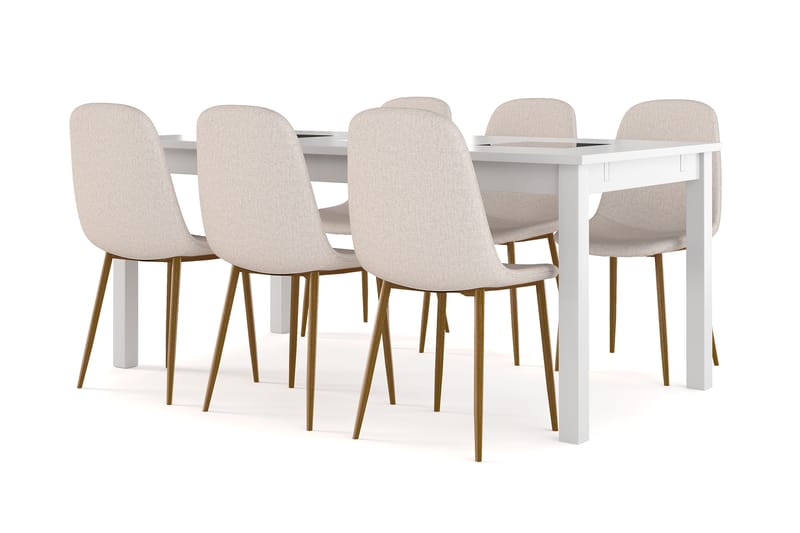 Octavia Förlängningsbart Matbord 180 cm +  6 st Naira stol beige med ek ben, Vit/Beige