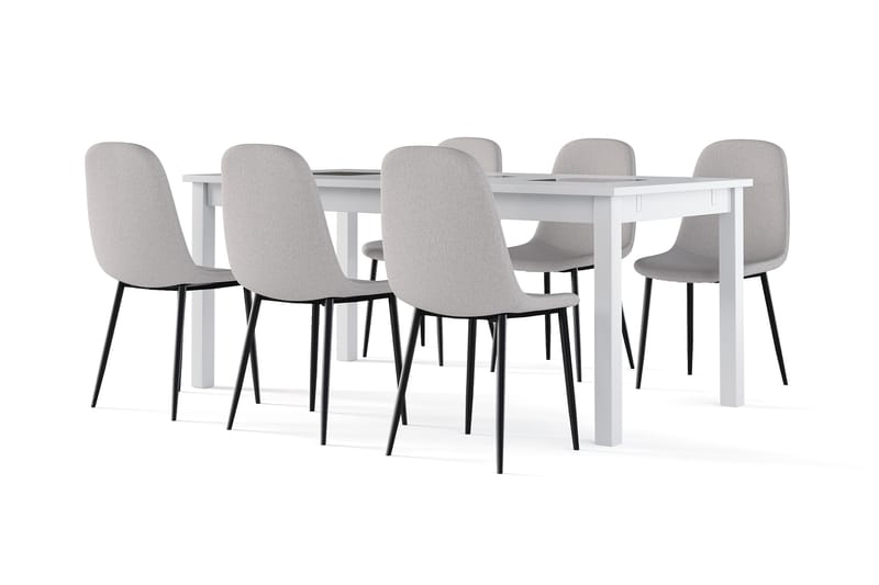 Octavia Förlängningsbart Matbord 180 cm +  6 st Naira stol grå med svarta ben, Vit/Grå