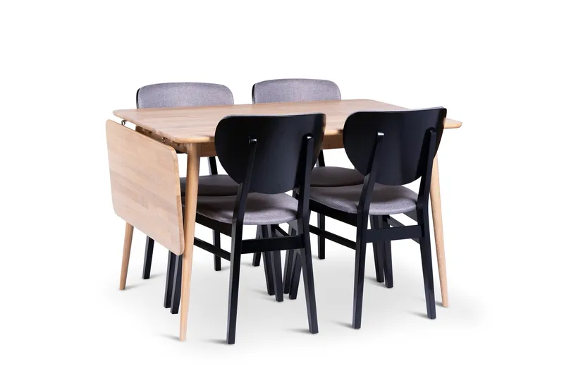 Odense Förlängningsbar Matgrupp 120-160 cm med 4 Borgholm Stolar i massivt trä, Natur/Svart