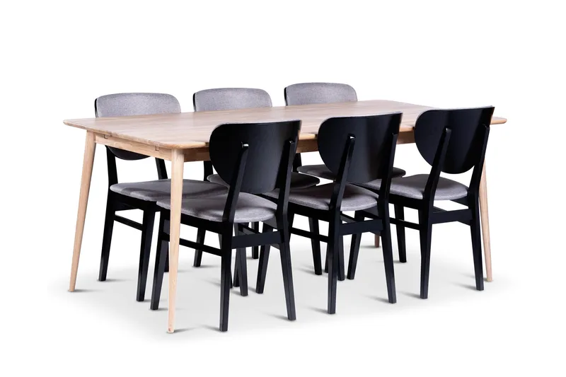 Odense Matgrupp 180 cm med 6 Borgholm Stolar i massivt trä, Natur/Svart