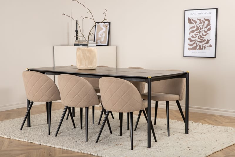 Pelle Matgrupp 190 cm Rektangulär med 6 Velvet stolar - Beige - Möbler - Bord & matgrupp - Matgrupp