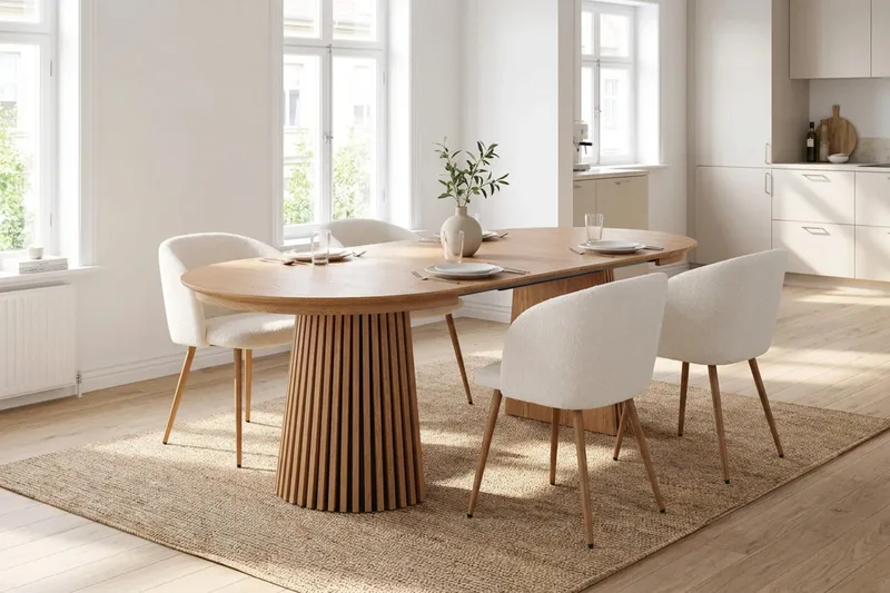 Peyra Förlängningsbart runt 120-220 cm Ek med 4 Greya Matstolar - Ek/Vit - Möbler - Bord & matgrupp - Matgrupp