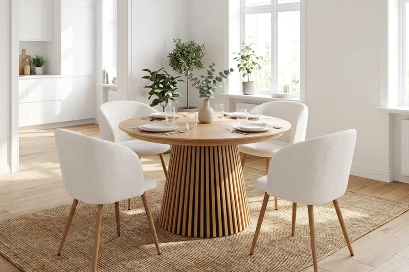 Peyra Förlängningsbart runt 120-220 cm Ek med 4 Greya Matstolar - Ek/Vit - Möbler - Bord & matgrupp - Matgrupp