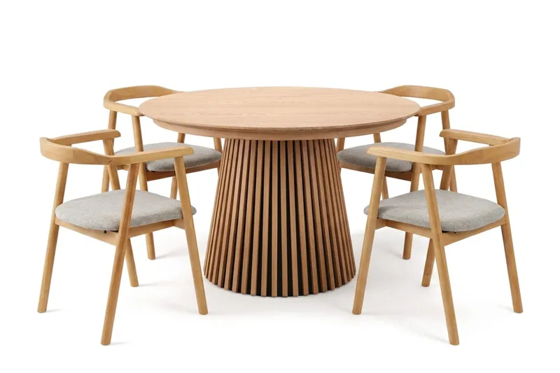 Peyra Förlängningsbart runt 120-220 cm Ek med 4 Jolie Matstolar, Ek/Beige