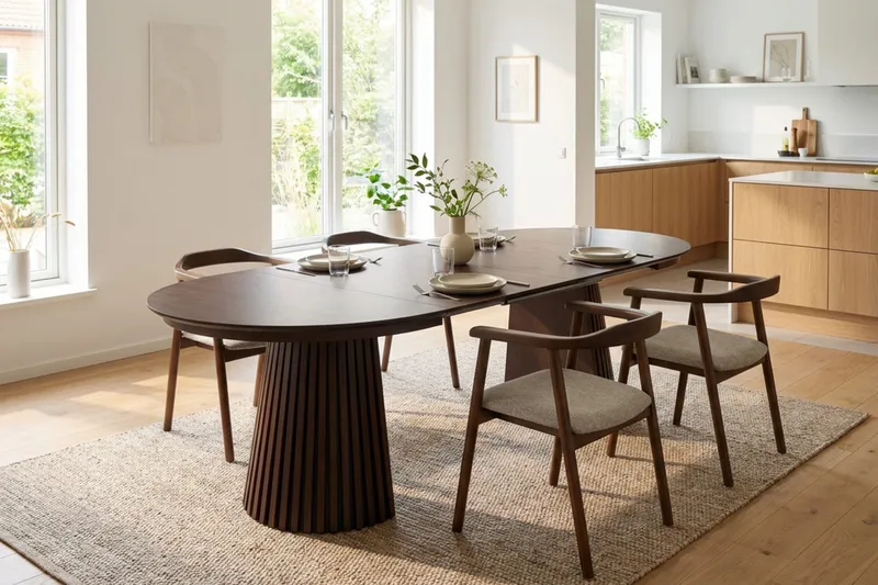 Peyra Förlängningsbart runt 120-220 cm Rökt Ek med 4 Jolie Matstolar - Rökt Ek/Beige - Möbler - Bord & matgrupp - Matgrupp
