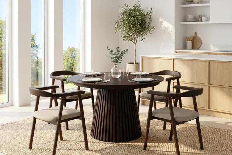 Peyra Förlängningsbart runt 120-220 cm Rökt Ek med 4 Jolie Matstolar - Rökt Ek/Beige - Möbler - Bord & matgrupp - Matgrupp
