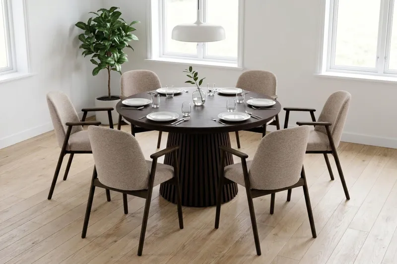 Peyra Förlängningsbart runt Matbord 120-220 cm Rökt Ek med 6 Reciclar Matstolar - Brun - Möbler - Bord & matgrupp - Matgrupp