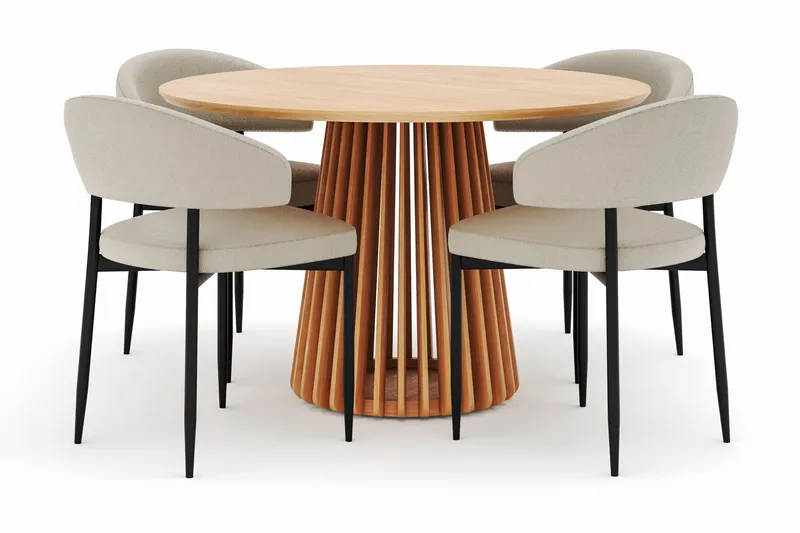 Peyra Matbord 120 cm Rund med 4 Sawako Stolar, Natur