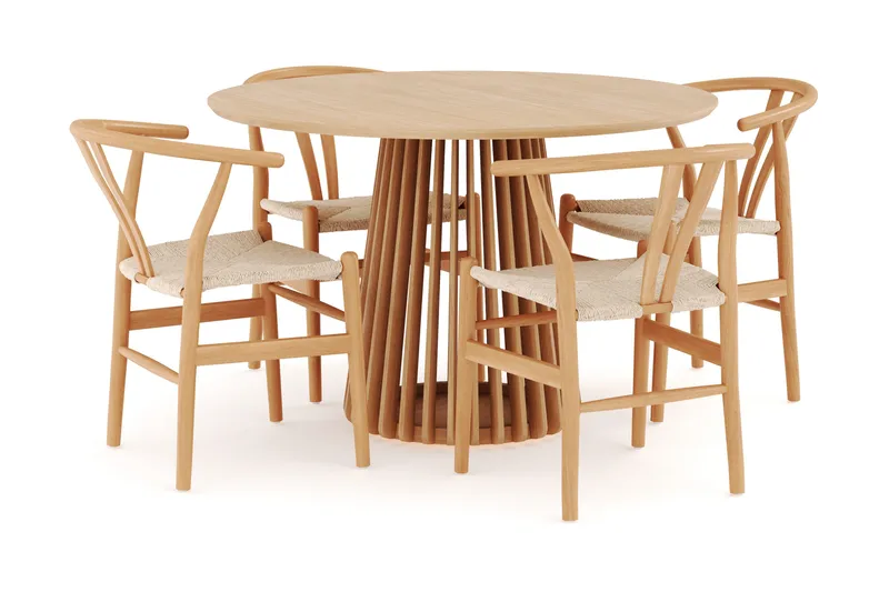 Peyra Matgrupp 120 cm Rund Ek med 4 Dastoori Matstol - 2220068-4,1893466-1 - Natur - Möbler - Bord & matgrupp - Matgrupp