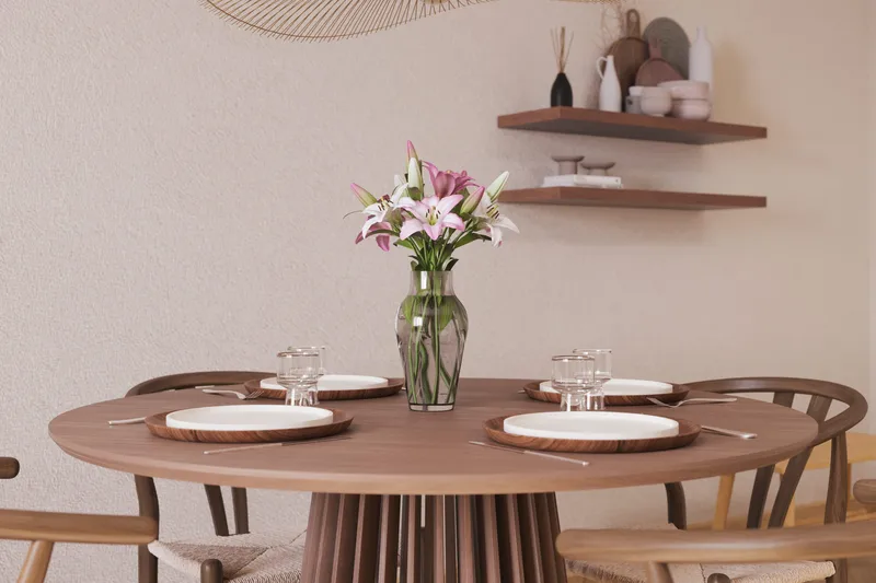 Peyra Matgrupp 120 cm Rund med 4 Dastoori Matstol - 2220070-4,1893317-1 - Valnöt / Brun / Beige - Möbler - Bord & matgrupp - Matgrupp