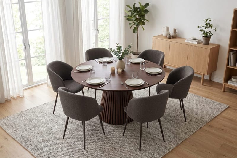 Peyra Matgrupp 130 cm runt med 6 Greya Mastolar - Valnöt - Möbler - Bord & matgrupp - Matgrupp