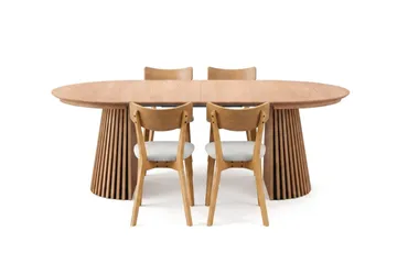 Peyra Matgrupp Förlängningsbart runt 120-220 cm i Ek med 4 Amelia Matstolar med Dyna - Ek/Beige - Möbler - Bord & matgrupp - Matgrupp