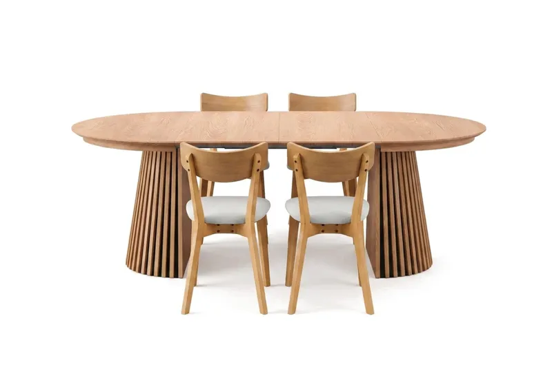 Peyra Matgrupp Förlängningsbart runt 120-220 cm i Ek med 4 Amelia Matstolar med Dyna - Ek/Beige - Möbler - Bord & matgrupp - Matgrupp