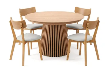 Peyra Matgrupp Förlängningsbart runt 120-220 cm i Ek med 4 Amelia Matstolar med Dyna - Ek/Beige - Möbler - Bord & matgrupp - Matgrupp