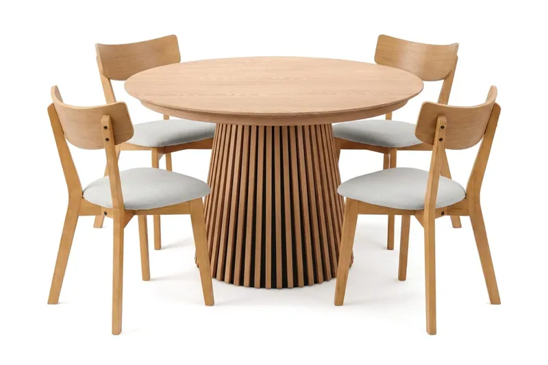Peyra Matgrupp Förlängningsbart runt 120-220 cm i Ek med 4 Amelia Matstolar med Dyna - Ek/Beige - Möbler - Bord & matgrupp - Matgrupp