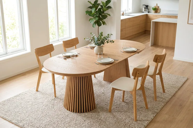 Peyra Matgrupp Förlängningsbart runt 120-220 cm i Ek med 4 Amelia Matstolar med Dyna - Ek/Beige - Möbler - Bord & matgrupp - Matgrupp
