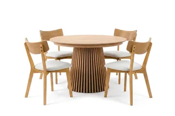 Peyra Matgrupp Förlängningsbart runt 120-220 cm i Ek med 4 Amelia Matstolar med Dyna - Ek/Beige - Möbler - Bord & matgrupp - Matgrupp