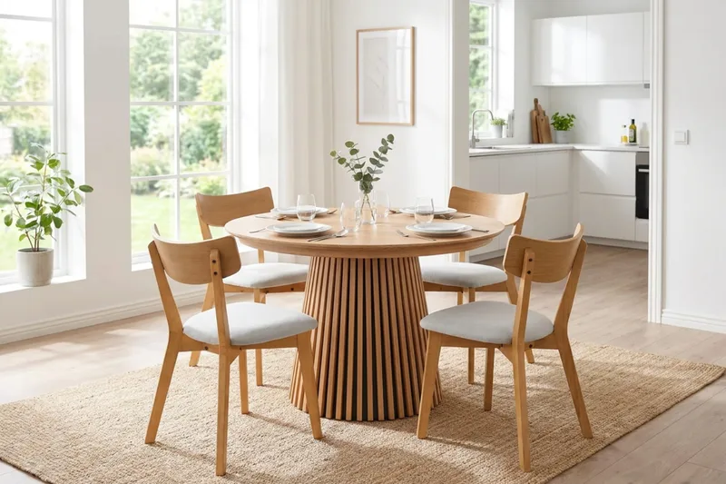 Peyra Matgrupp Förlängningsbart runt 120-220 cm i Ek med 4 Amelia Matstolar med Dyna - Ek/Beige - Möbler - Bord & matgrupp - Matgrupp