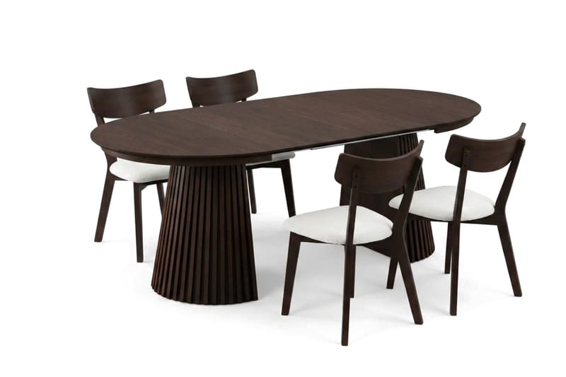Peyra Matgrupp Förlängningsbart runt 120-220 cm i Rökt Ek med 4 Amelia Matstolar med Dyna - Rökt Ek/Beige - Möbler - Bord & matgrupp - Matgrupp